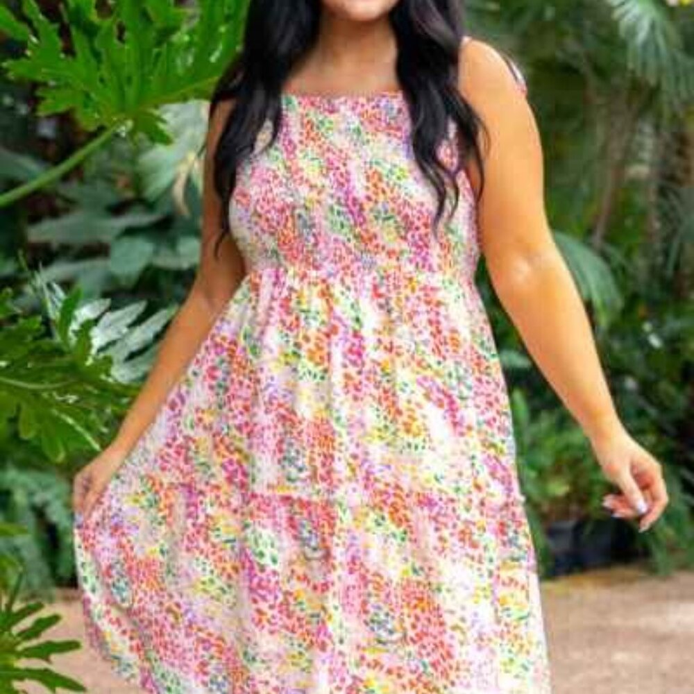 JODIFL A Spark of Love Floral Tie Shoulder Smocked Dress